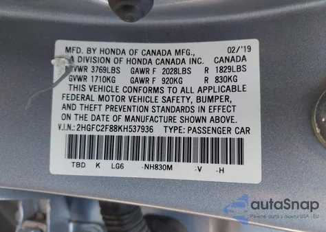 2019 Honda Civic Sport from USA, damaged, VIN 2HGFC2F88KH537936